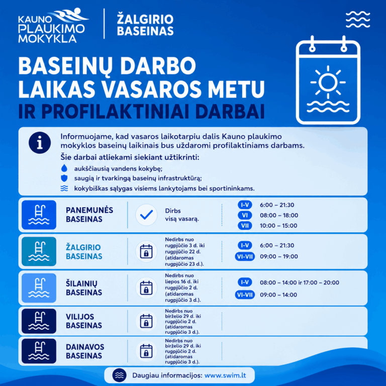Baseinų darbo laikas vasaros metu ir profilaktiniai uždarymai